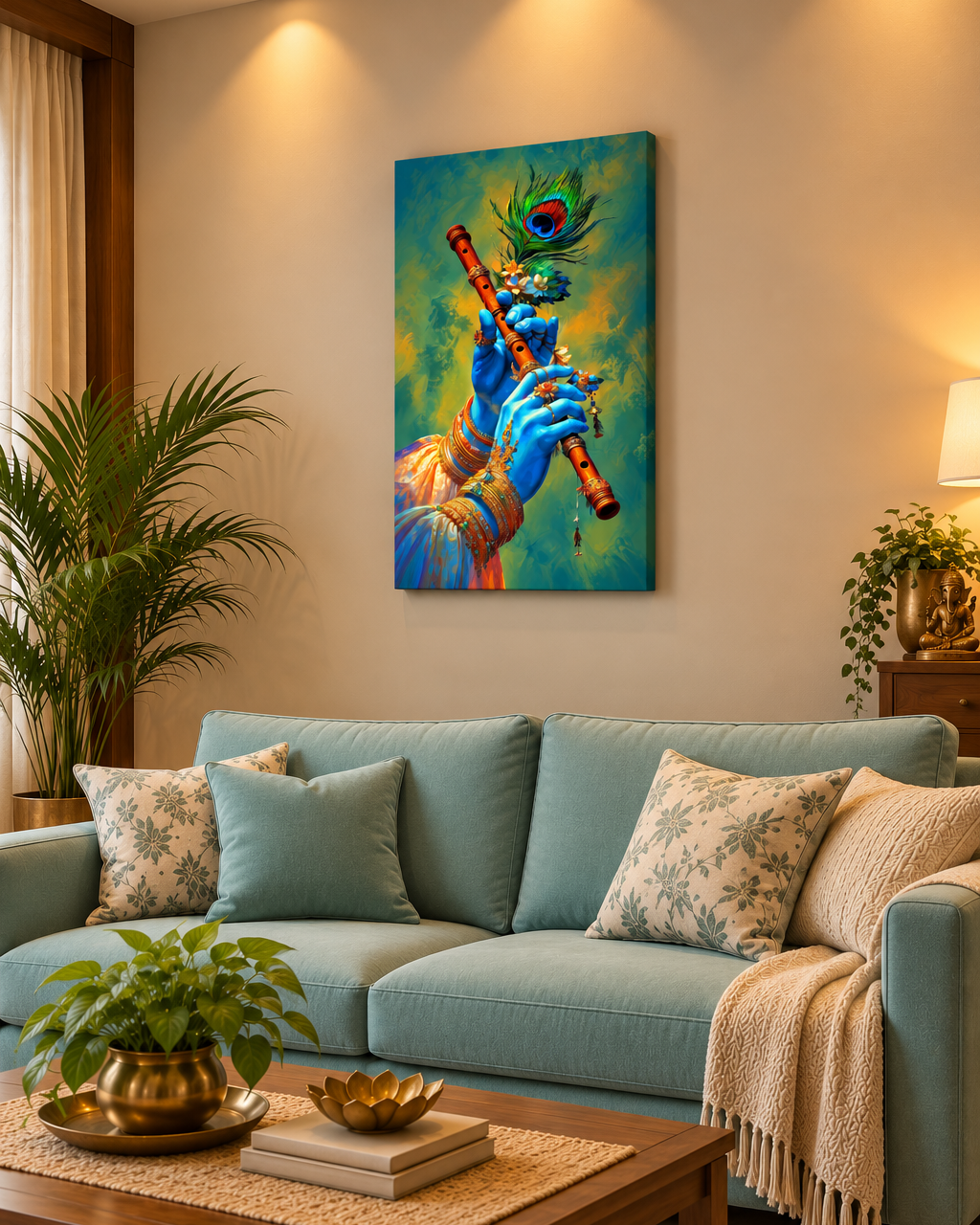 Krishna's Bansuri canvas in Teal & Gold hung over a sofa with brass decor and plants