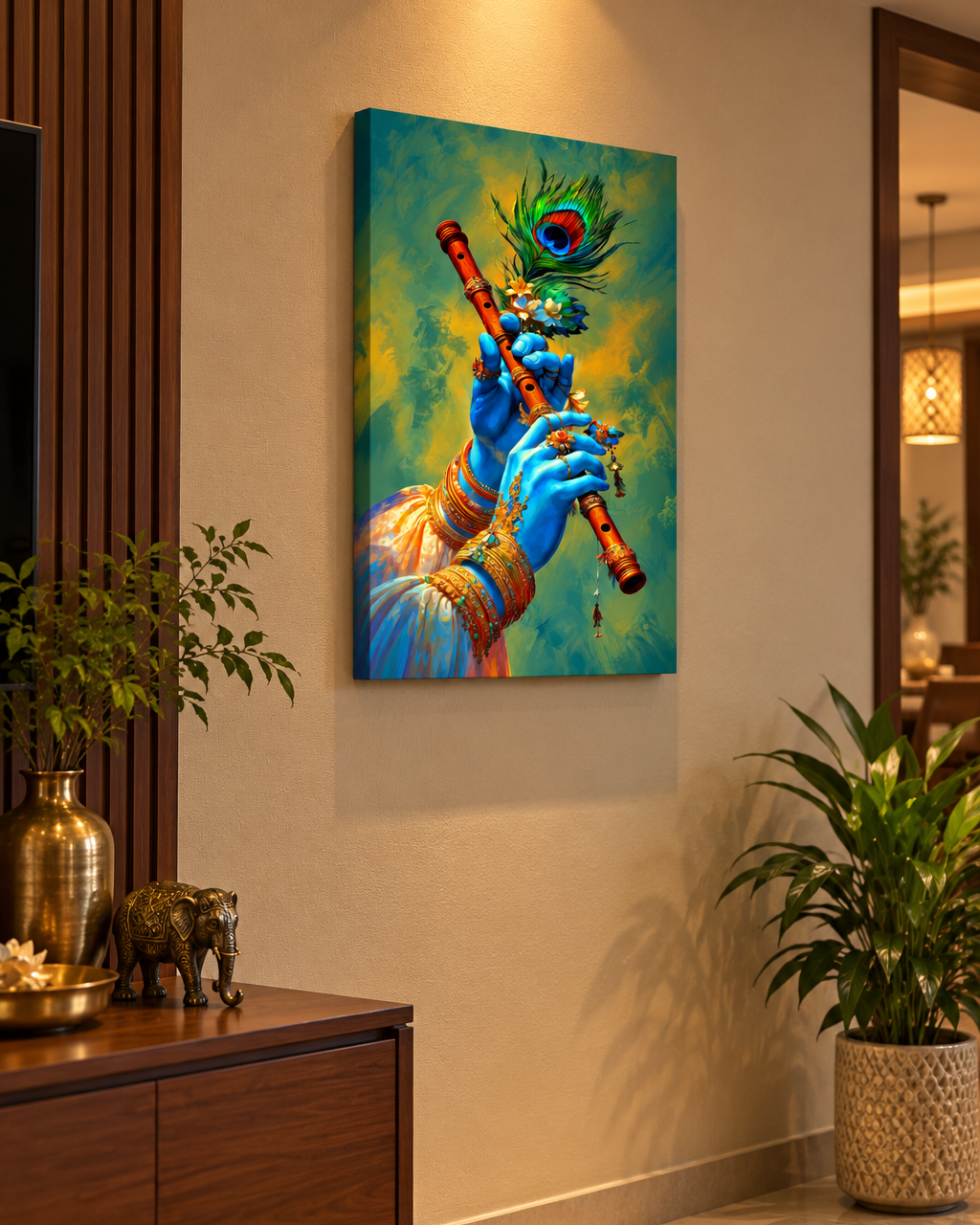Krishna's Bansuri canvas in Teal & Gold on a beige wall beside a wooden console