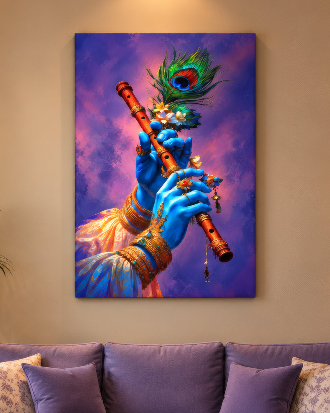 Krishna's Bansuri canvas in Violet & Rose above a lavender sofa in a warm living room, close-up