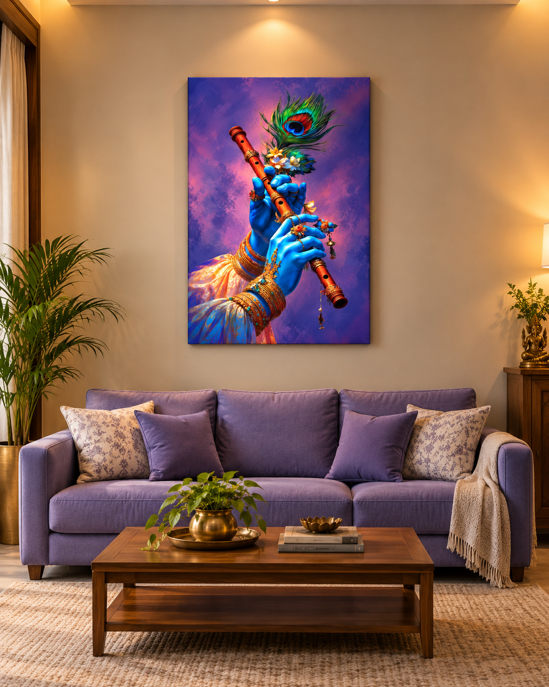 Krishna's Bansuri canvas in Violet & Rose above a lavender sofa in a warm living room