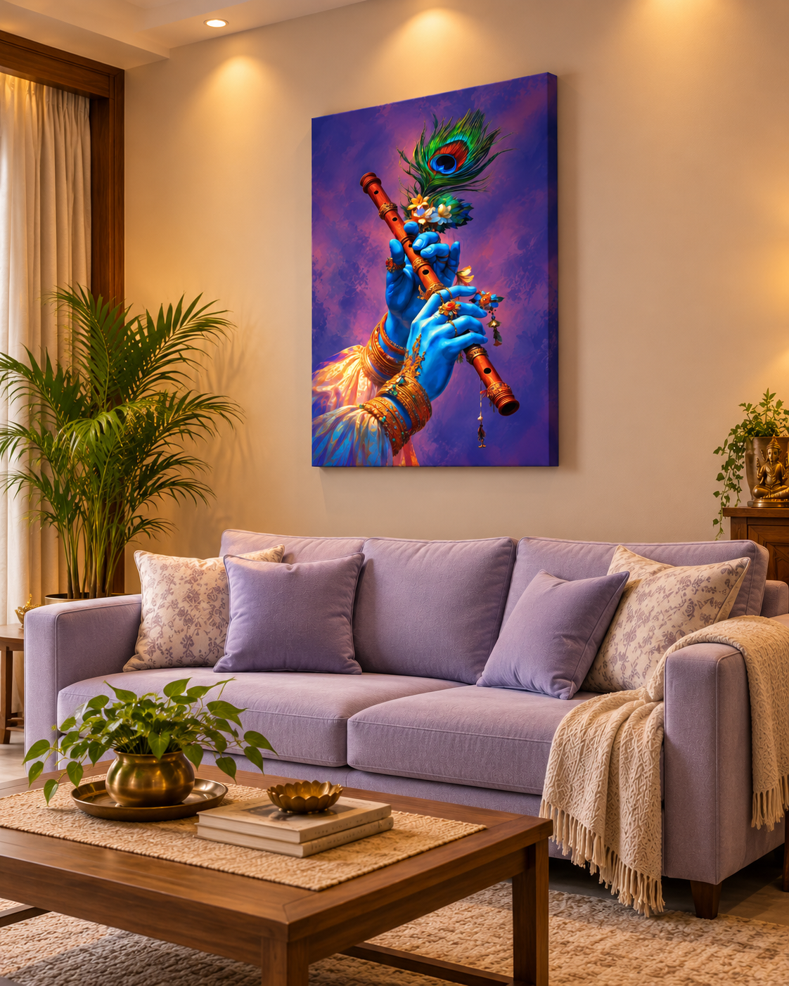 Krishna's Bansuri canvas in Violet & Rose centred over a lavender sofa and coffee table