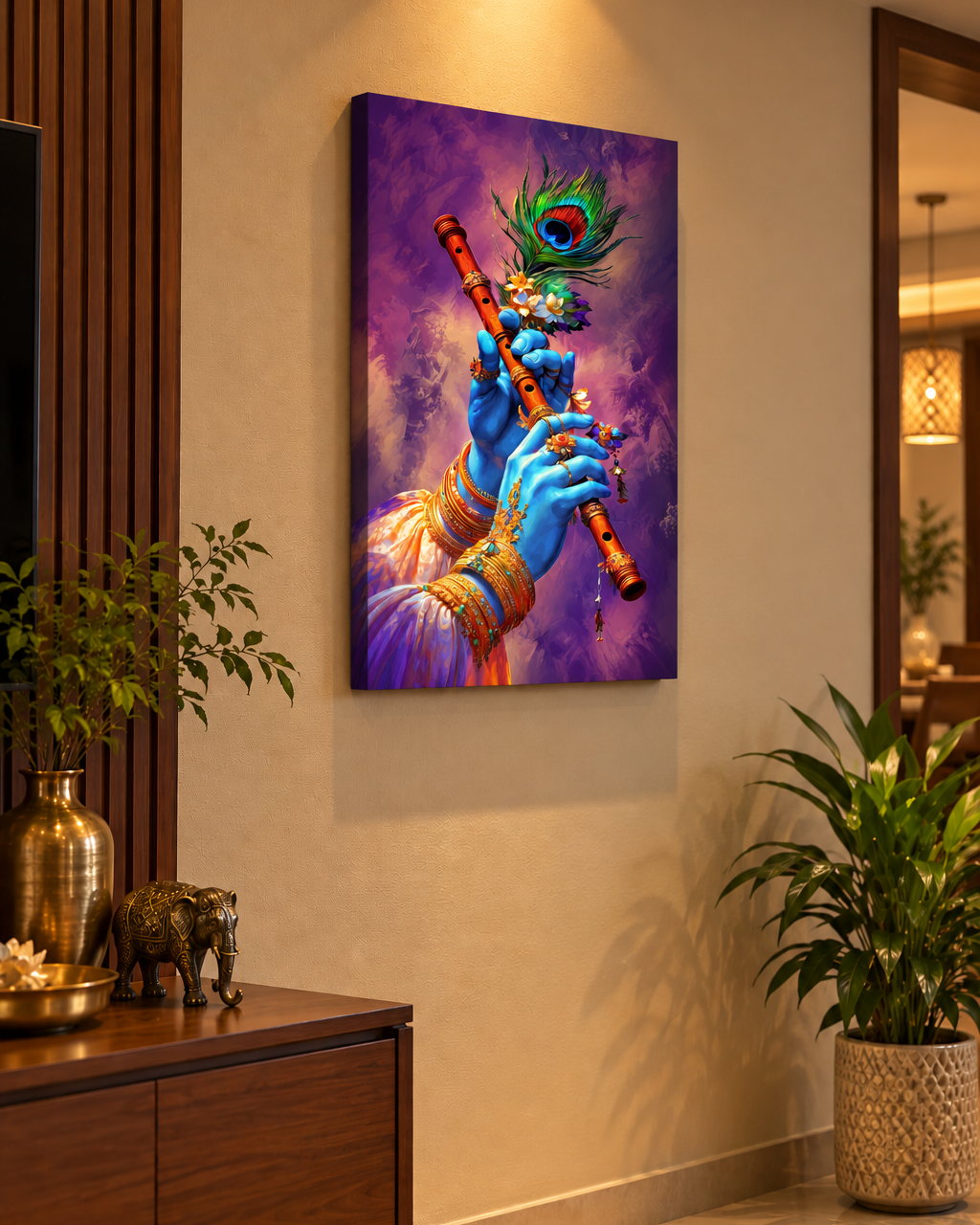Krishna's Bansuri canvas in Violet & Rose on a beige wall beside a wooden console