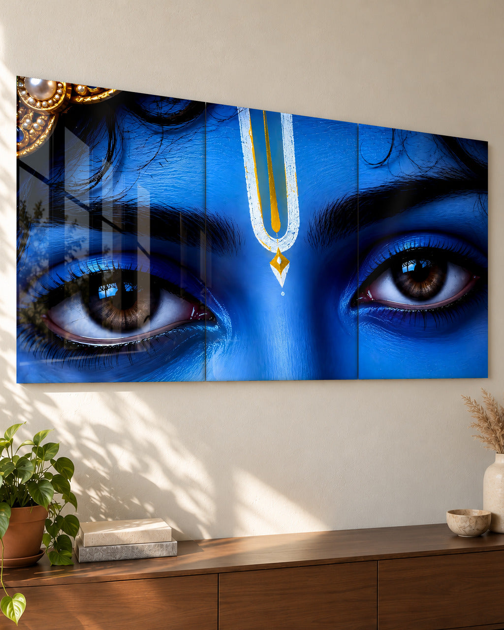 Krishna Gaze set of 3 acrylic wall art, close-up from the side