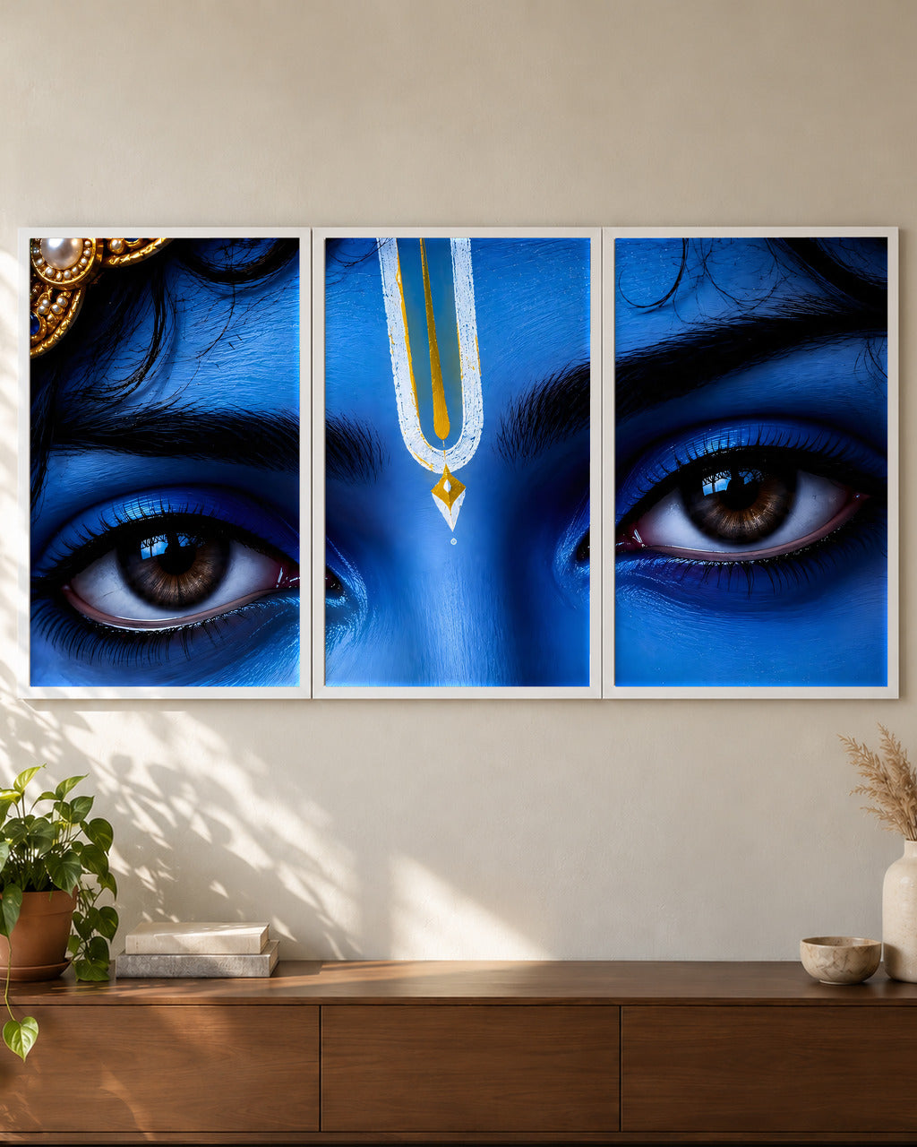 Krishna Gaze set of 3, white frames, close-up of all three panels