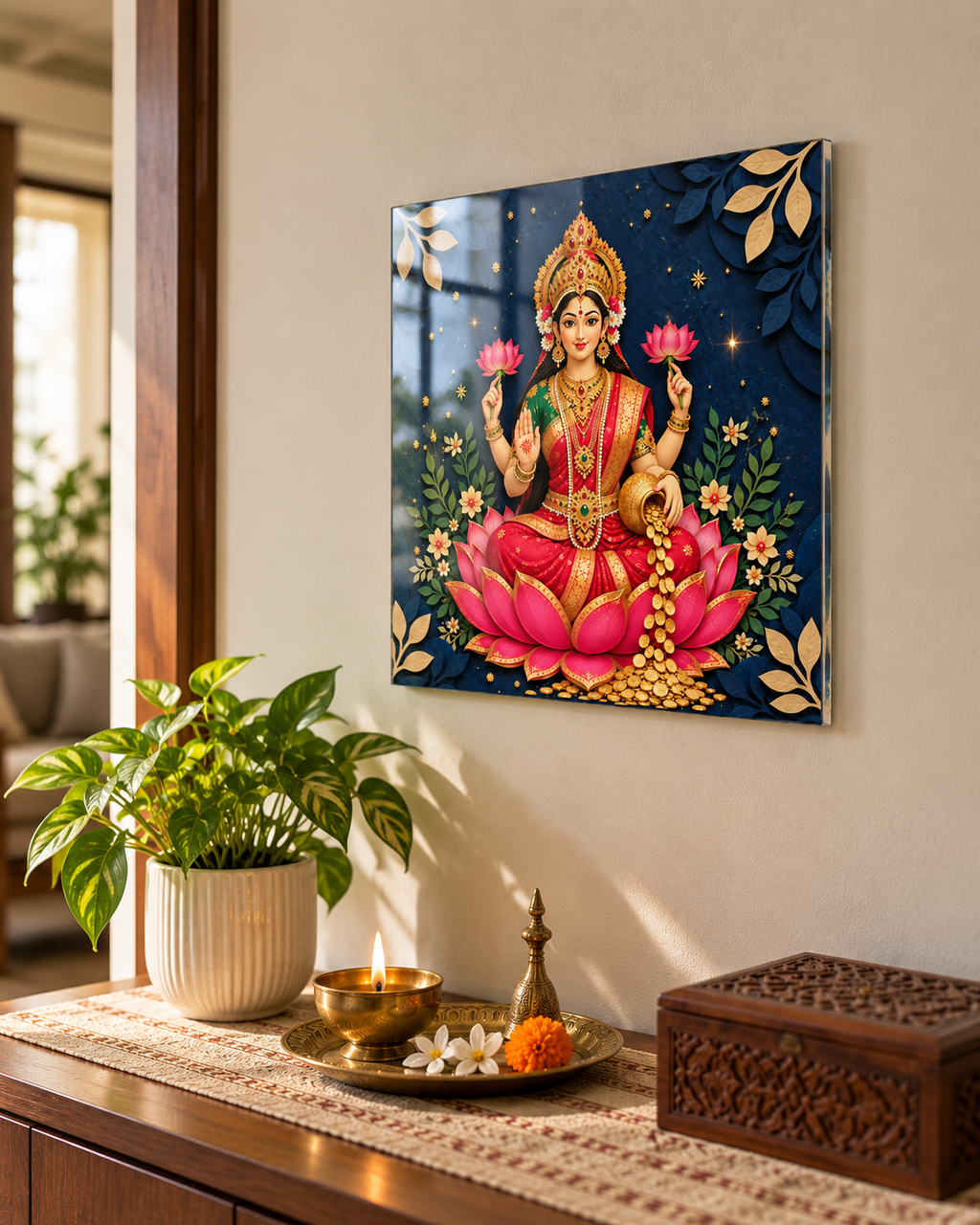 Laxmi acrylic wall art above a pooja console