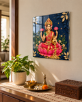 Laxmi acrylic wall art above a pooja console