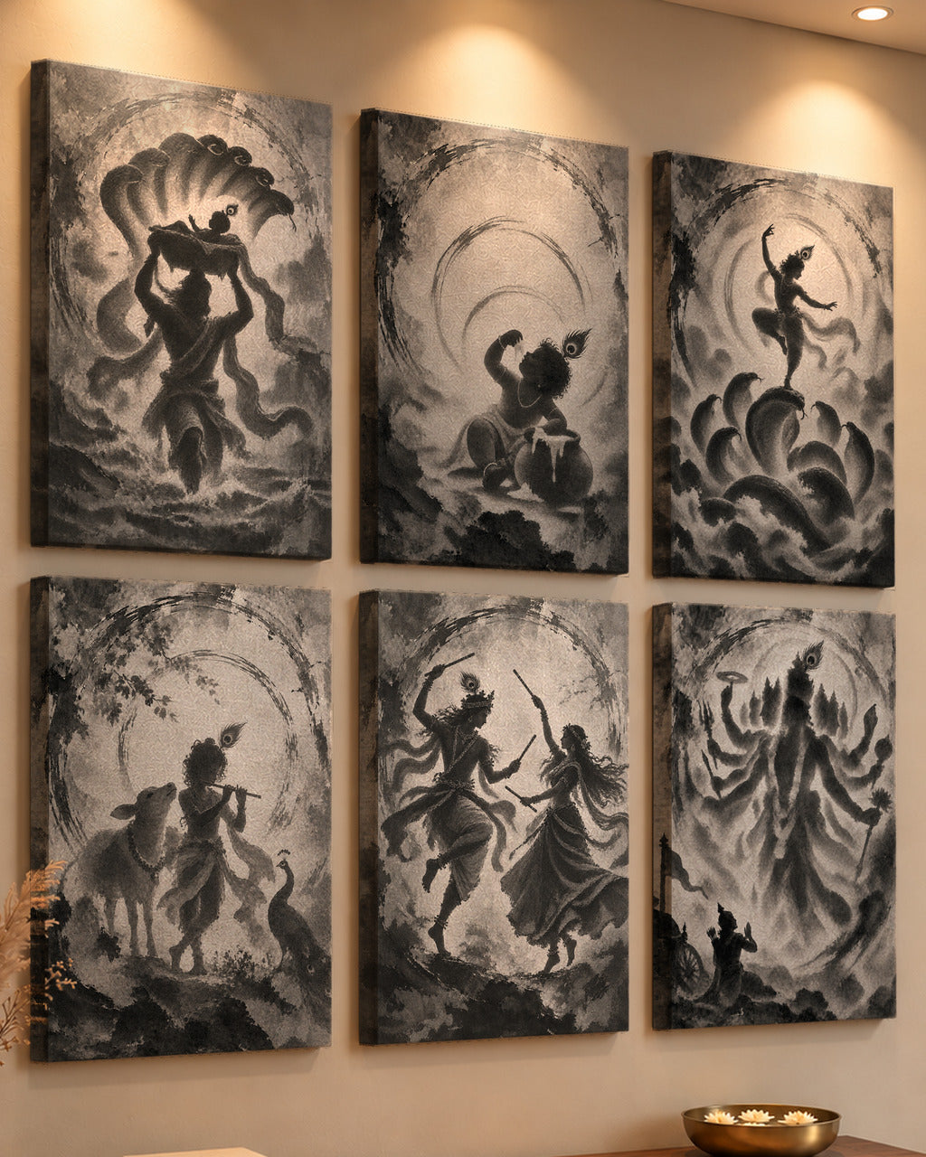 Life of Krishna set of six 20 × 30 canvases seen from the side, showing the wrapped edges, close view