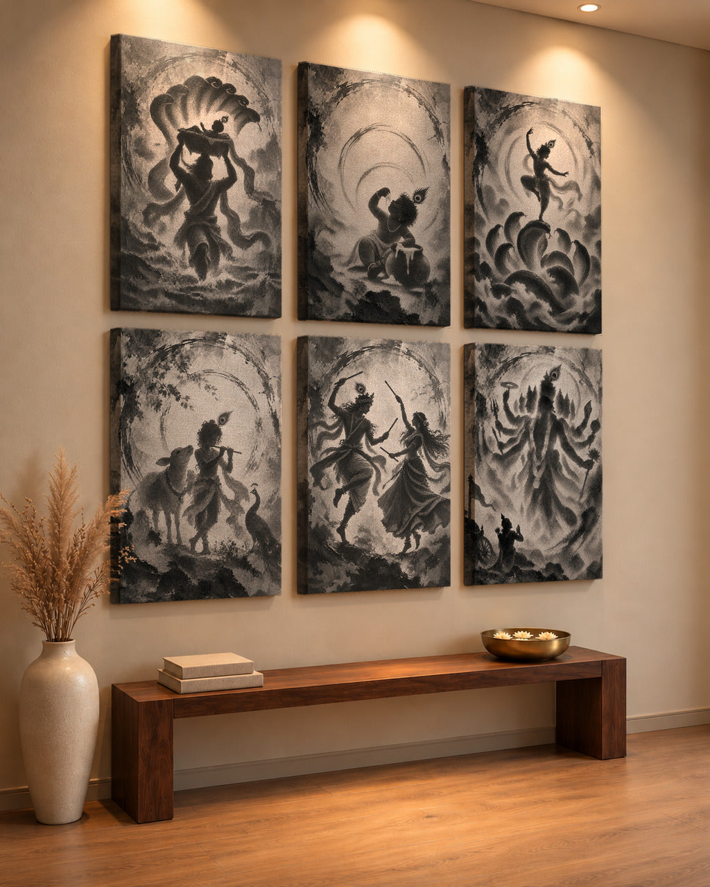 Life of Krishna set of six 20 × 30 canvases seen from the side above a walnut bench