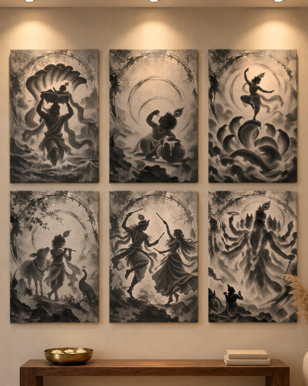 Life of Krishna set of six 20 × 30 canvases under ceiling spotlights, close view