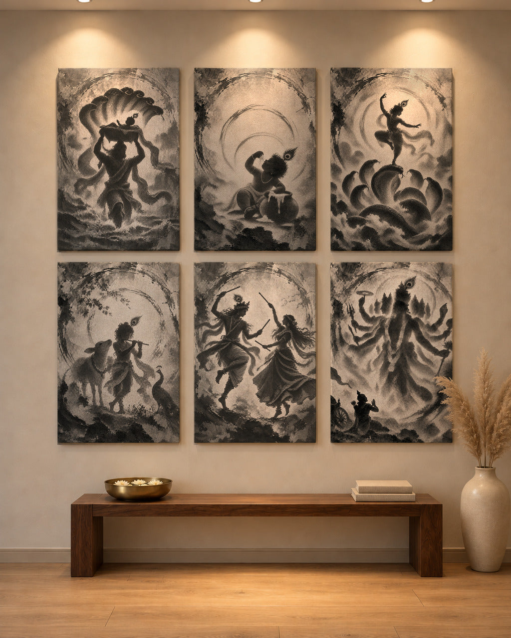 Life of Krishna set of six 20 × 30 canvases on a tall lit wall above a walnut bench with a brass urli