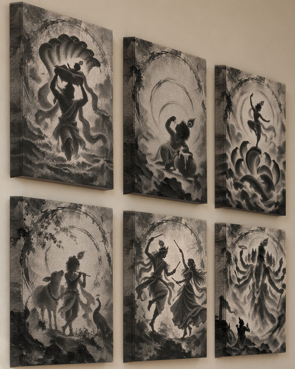 Life of Krishna set of six canvases, close view from the side showing the wrapped edges