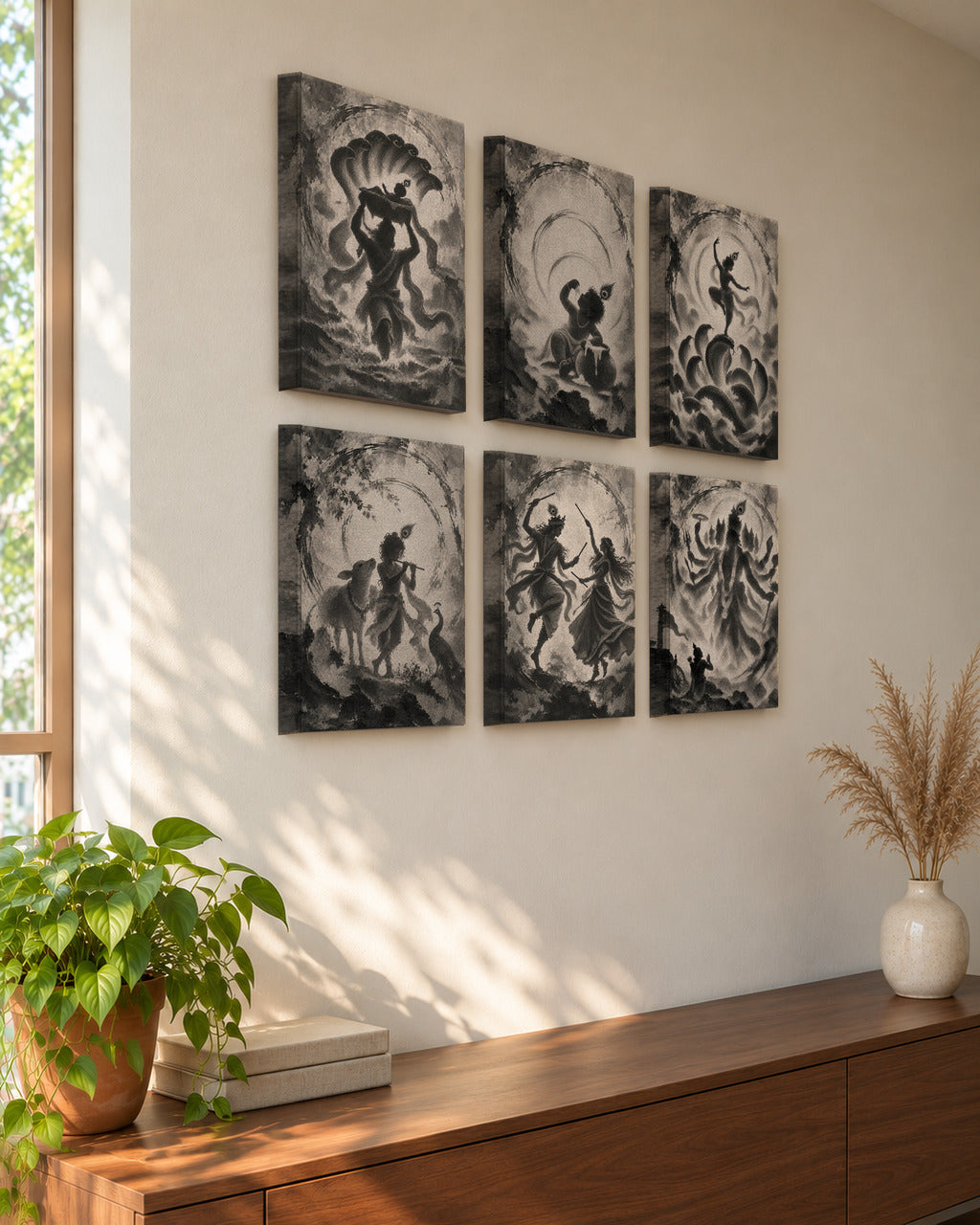 Life of Krishna set of six canvases seen from the side in a sunlit living room