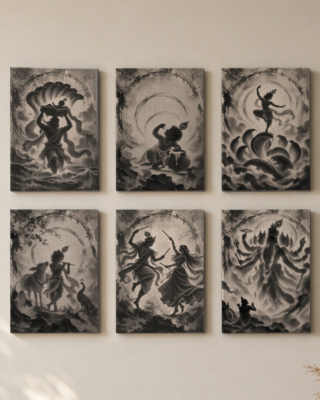 Life of Krishna set of six ink canvases, close view of the gallery wall