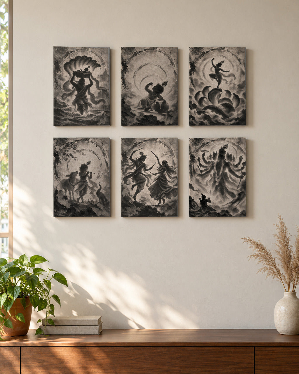 Life of Krishna set of six canvases hung three across and two down above a walnut console