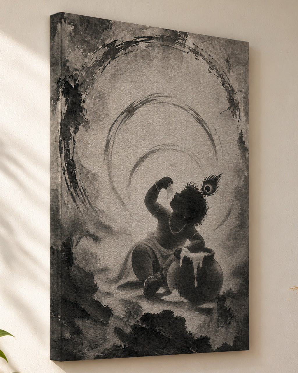 Makhan Chor Krishna canvas, close view of the gallery-wrapped side