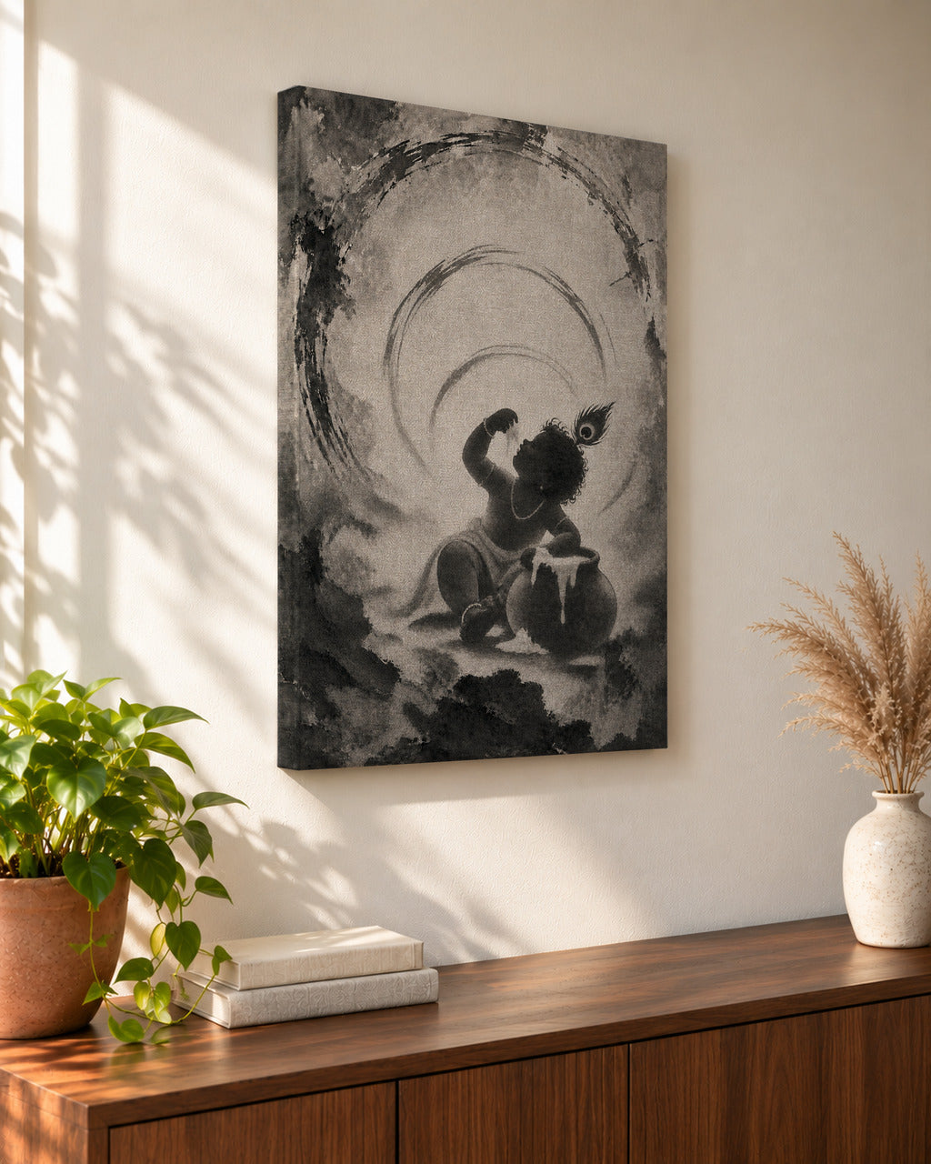 Makhan Chor Krishna canvas seen from the side, showing the gallery-wrapped edge