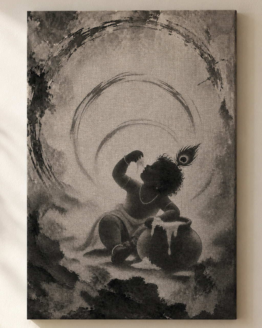 Makhan Chor Krishna canvas, close view of the ink wash on the canvas weave