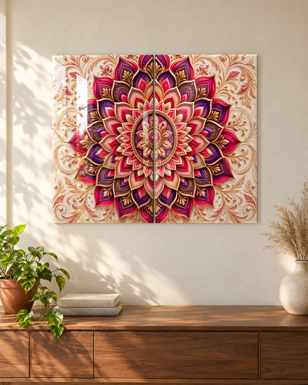 Layered Mandala set of 2 acrylic wall art, in Magenta & Plum, above a console in a sunlit living room
