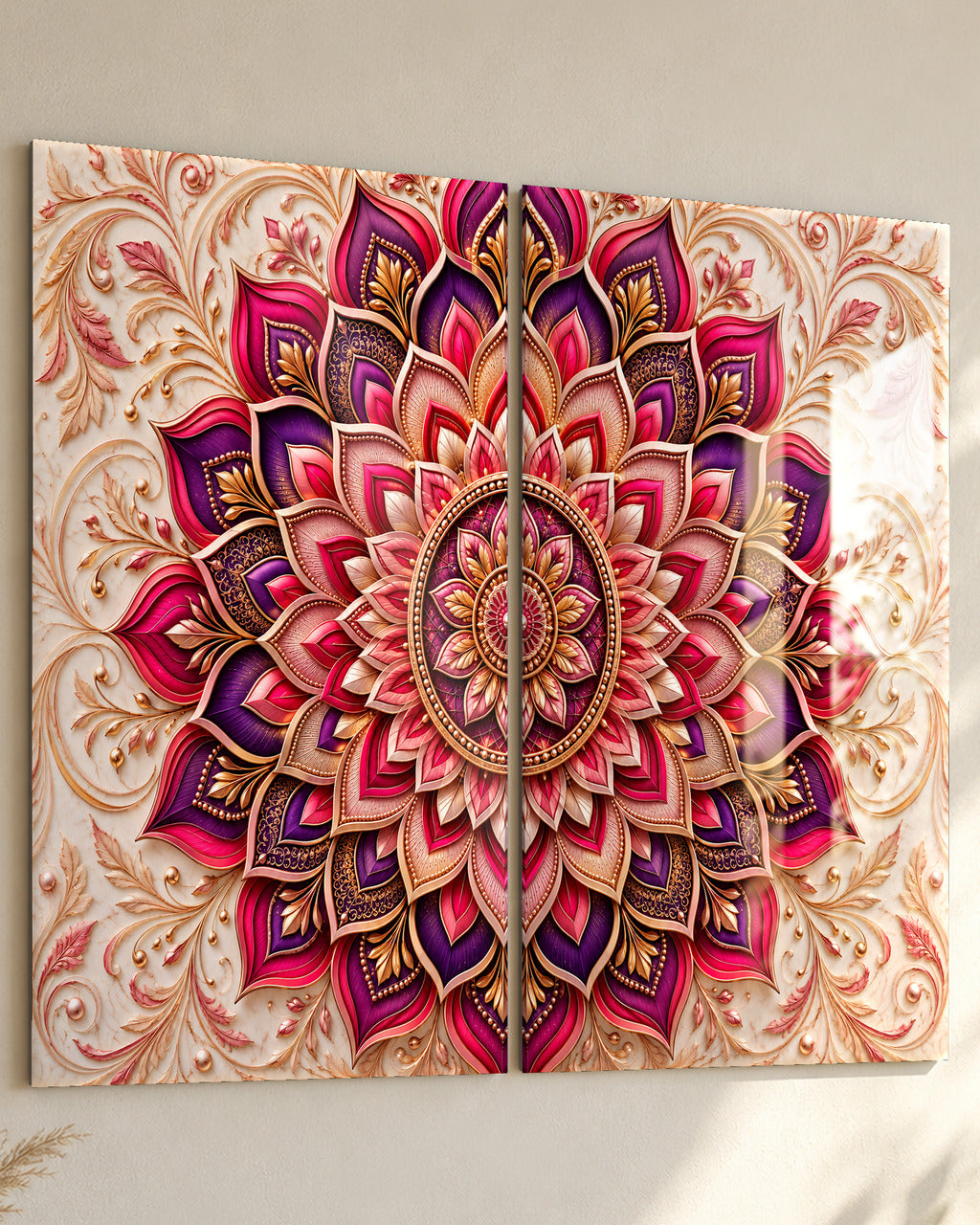 Layered Mandala set of 2 acrylic wall art, in Magenta & Plum, close-up from the side