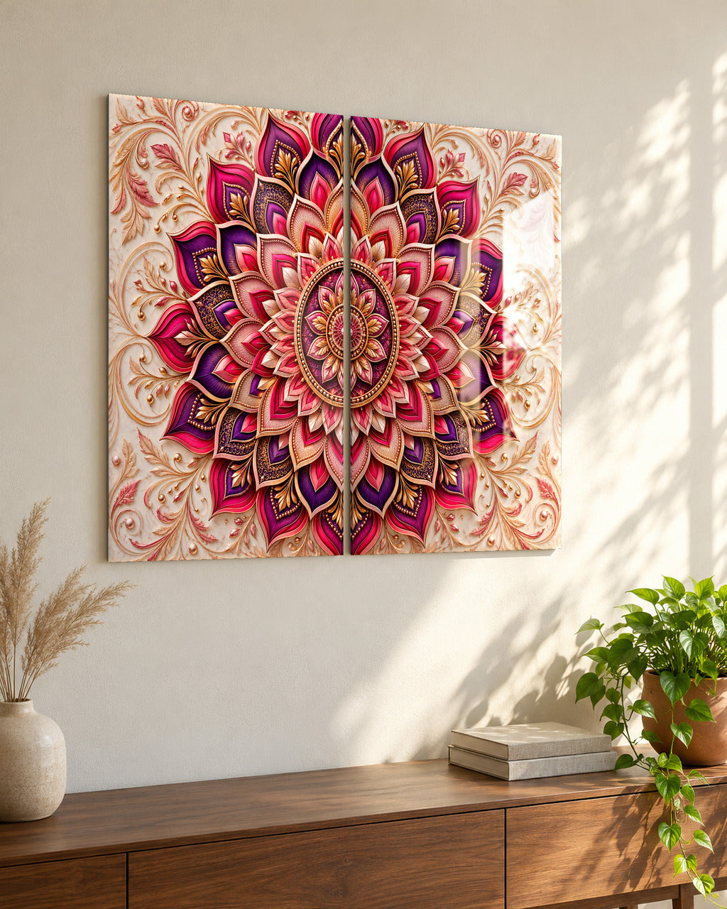 Layered Mandala set of 2 acrylic wall art, in Magenta & Plum, seen from the side in a living room
