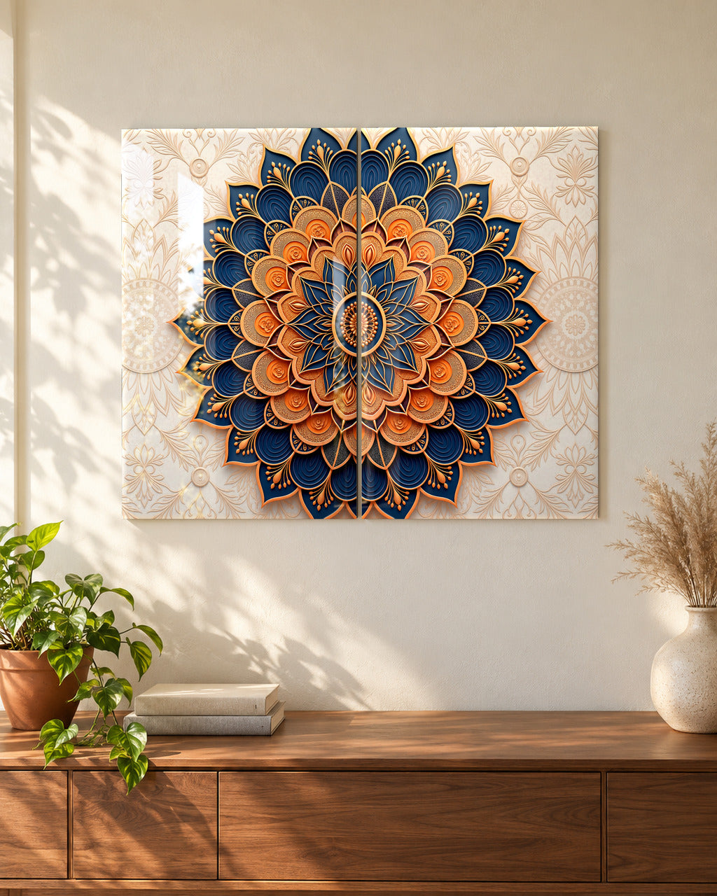 Layered Mandala set of 2 acrylic wall art, in Navy & Copper, above a console in a sunlit living room