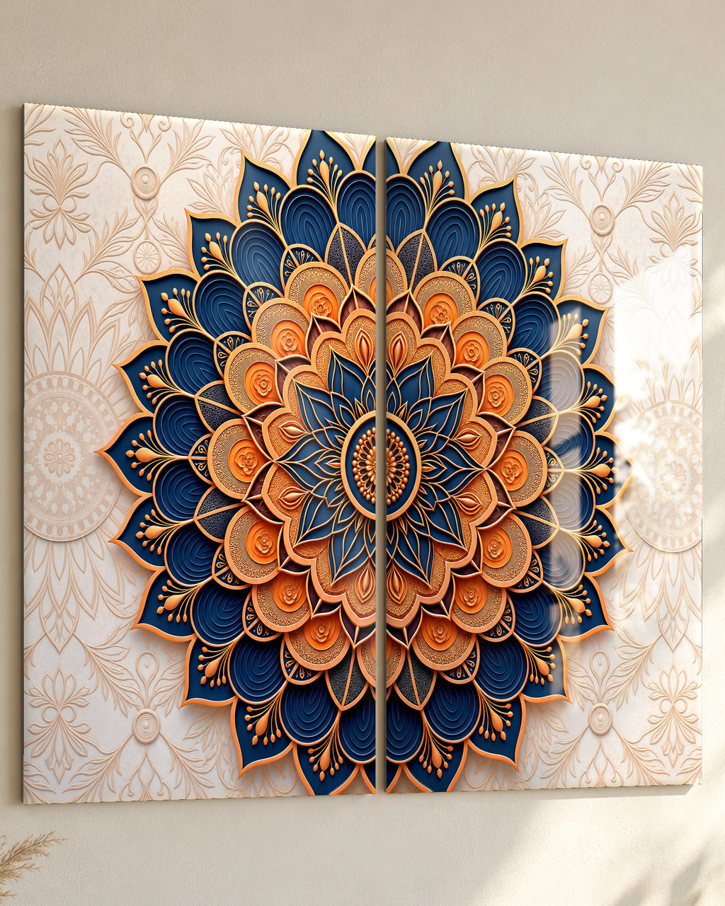 Layered Mandala set of 2 acrylic wall art, in Navy & Copper, close-up from the side