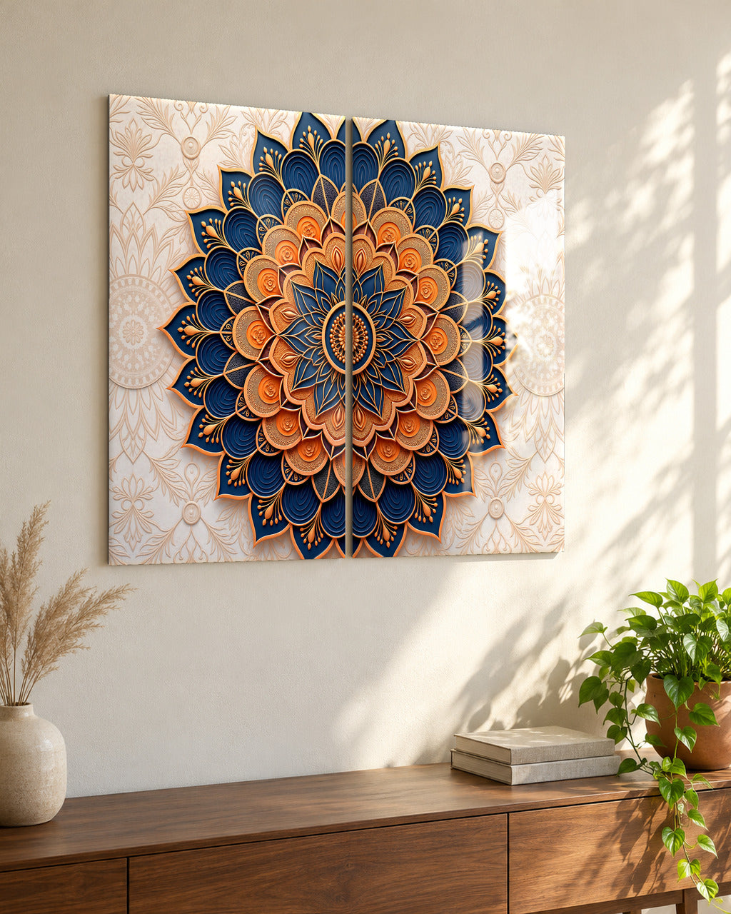 Layered Mandala set of 2 acrylic wall art, in Navy & Copper, seen from the side in a living room