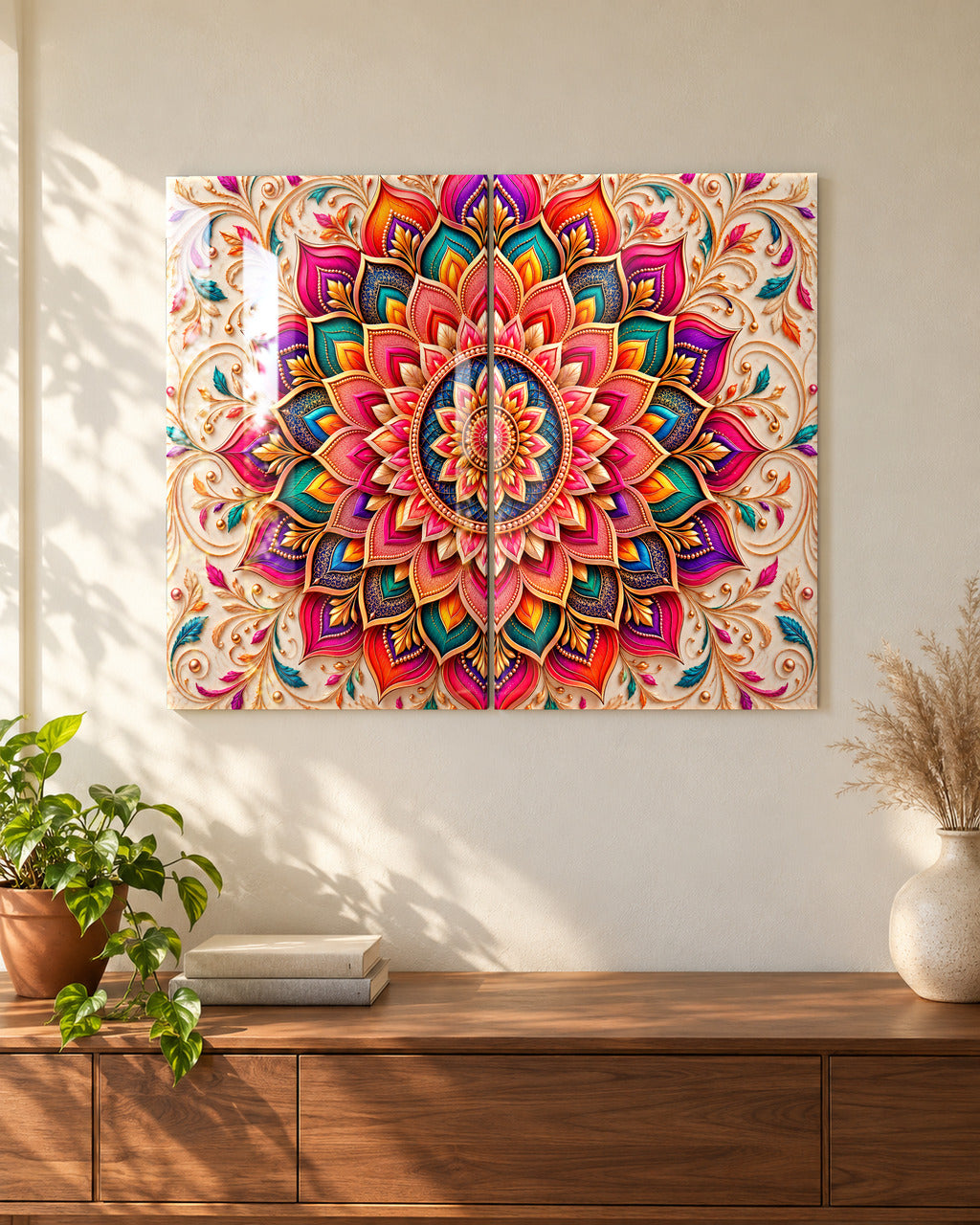 Layered Mandala set of 2 acrylic wall art, in Rainbow Jewel, above a console in a sunlit living room