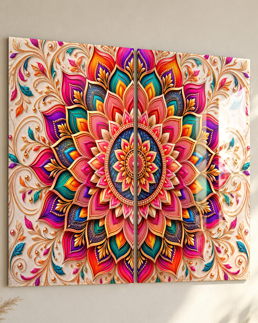 Layered Mandala set of 2 acrylic wall art, in Rainbow Jewel, close-up from the side