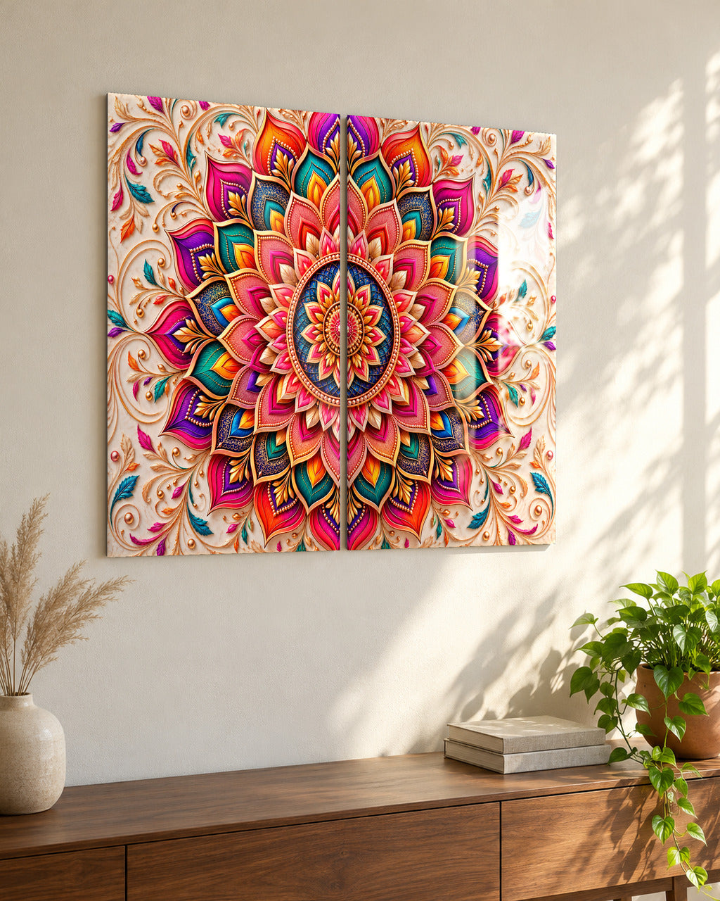 Layered Mandala set of 2 acrylic wall art, in Rainbow Jewel, seen from the side in a living room