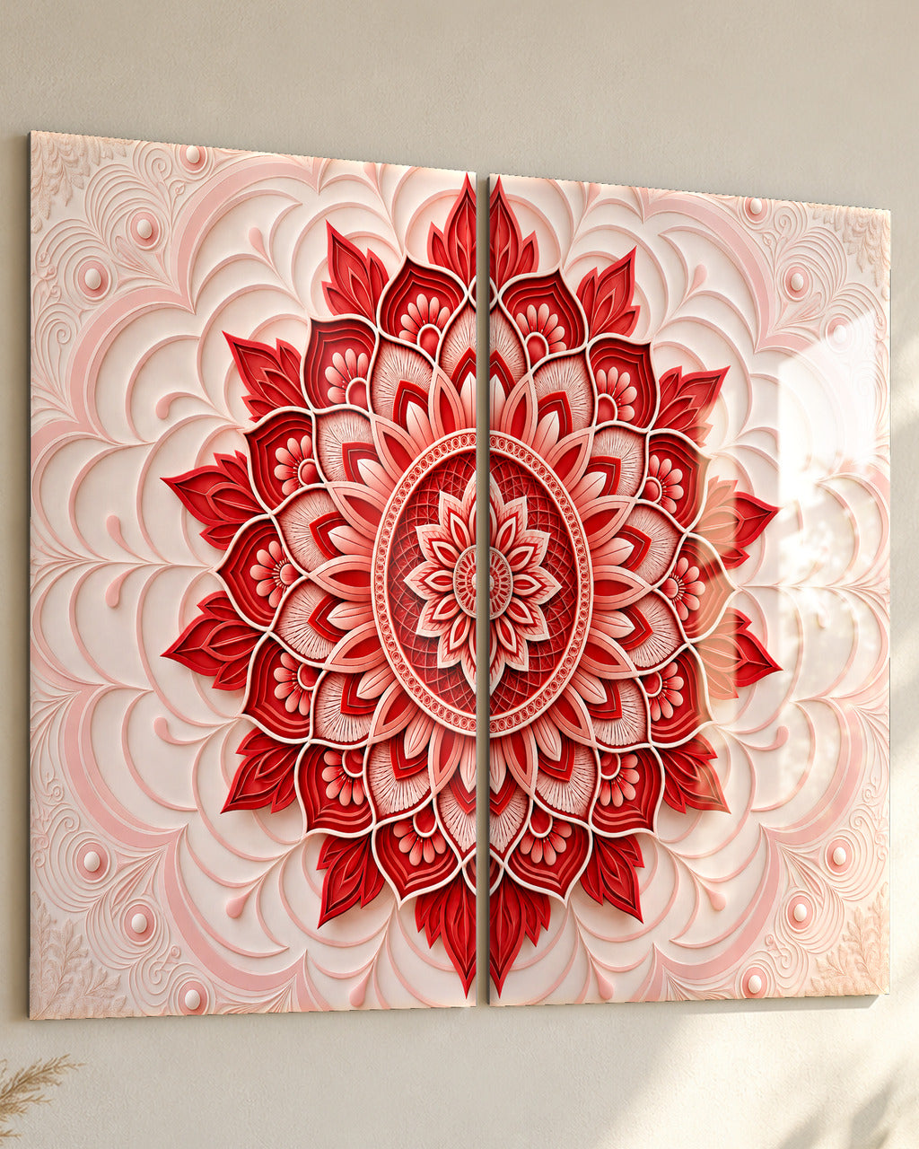 Layered Mandala set of 2 acrylic wall art, in Ruby & Ivory, close-up from the side