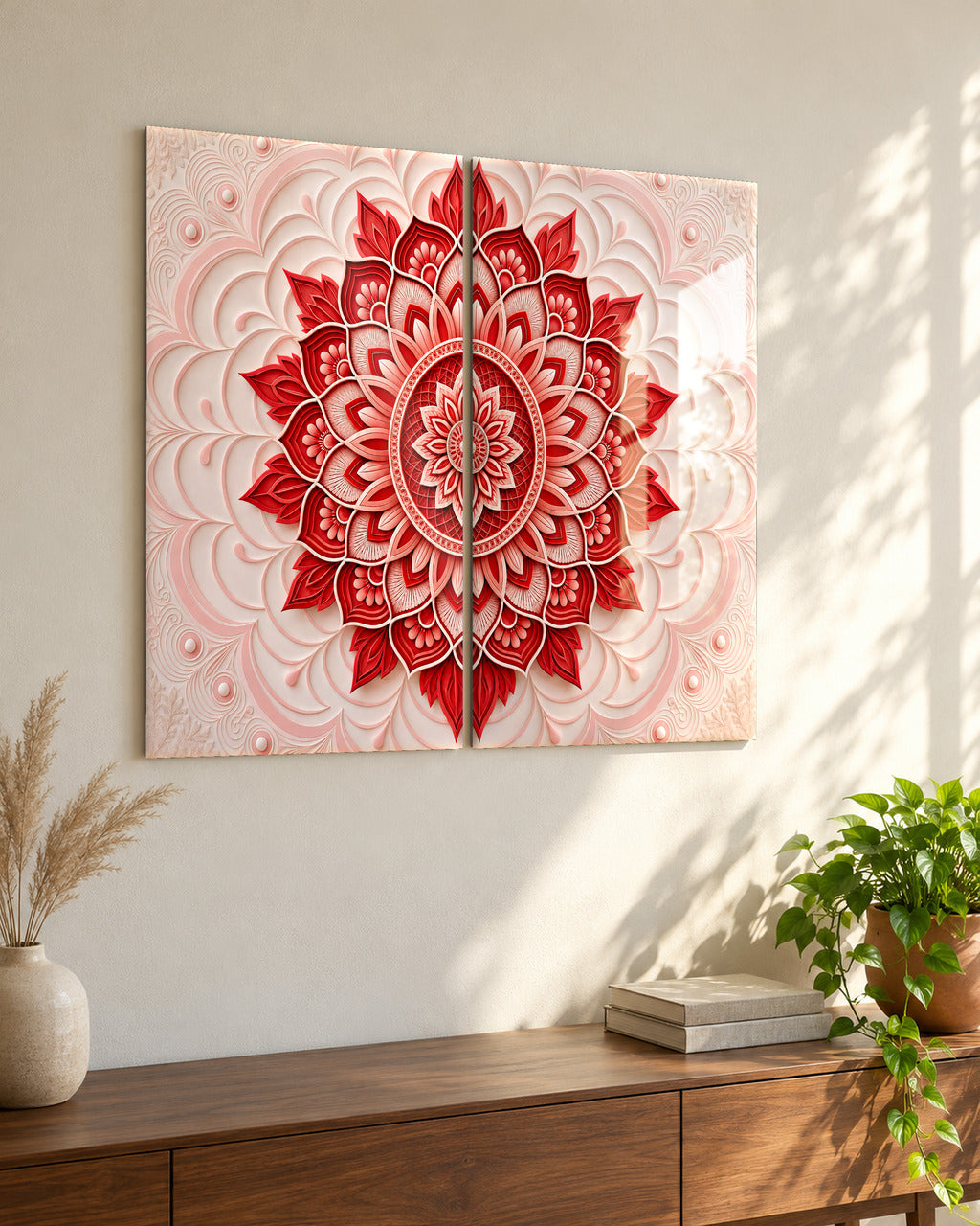 Layered Mandala set of 2 acrylic wall art, in Ruby & Ivory, seen from the side in a living room