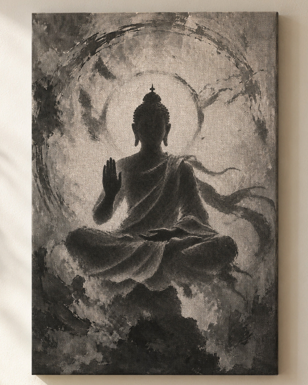 Meditating Buddha canvas, close view of the ink wash on the canvas weave