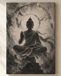 Meditating Buddha canvas, close view of the ink wash on the canvas weave