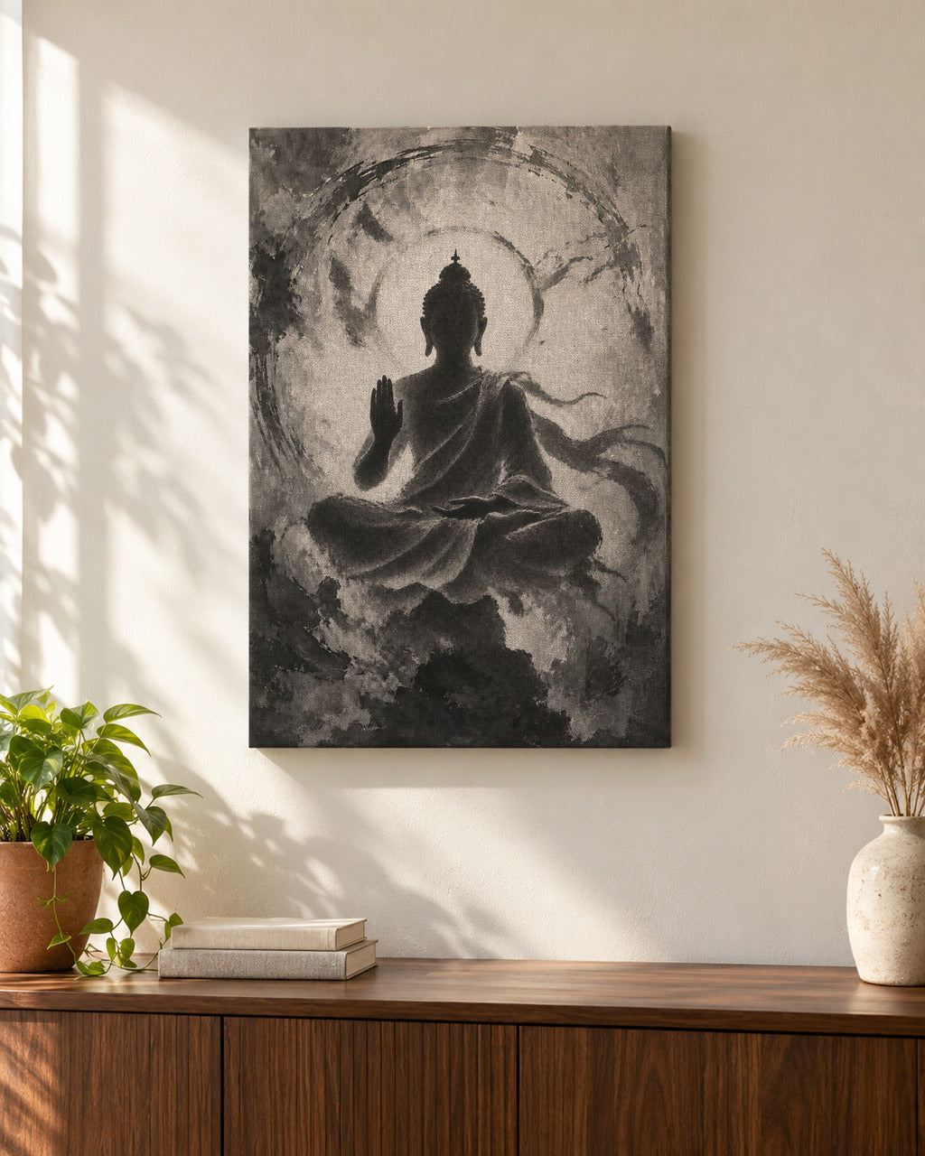 Meditating Buddha canvas above a walnut console in a sunlit living room