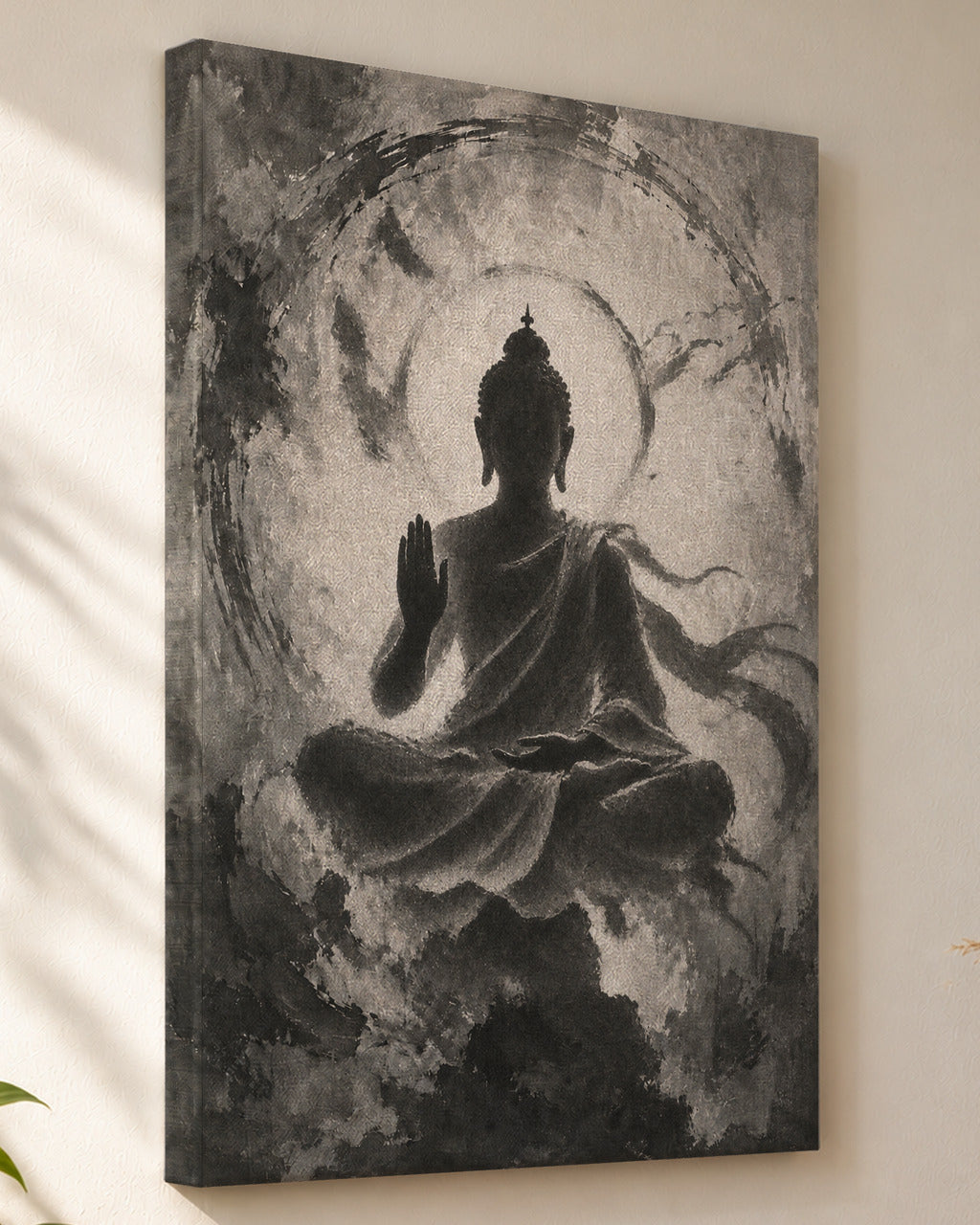 Meditating Buddha canvas, close view of the gallery-wrapped side