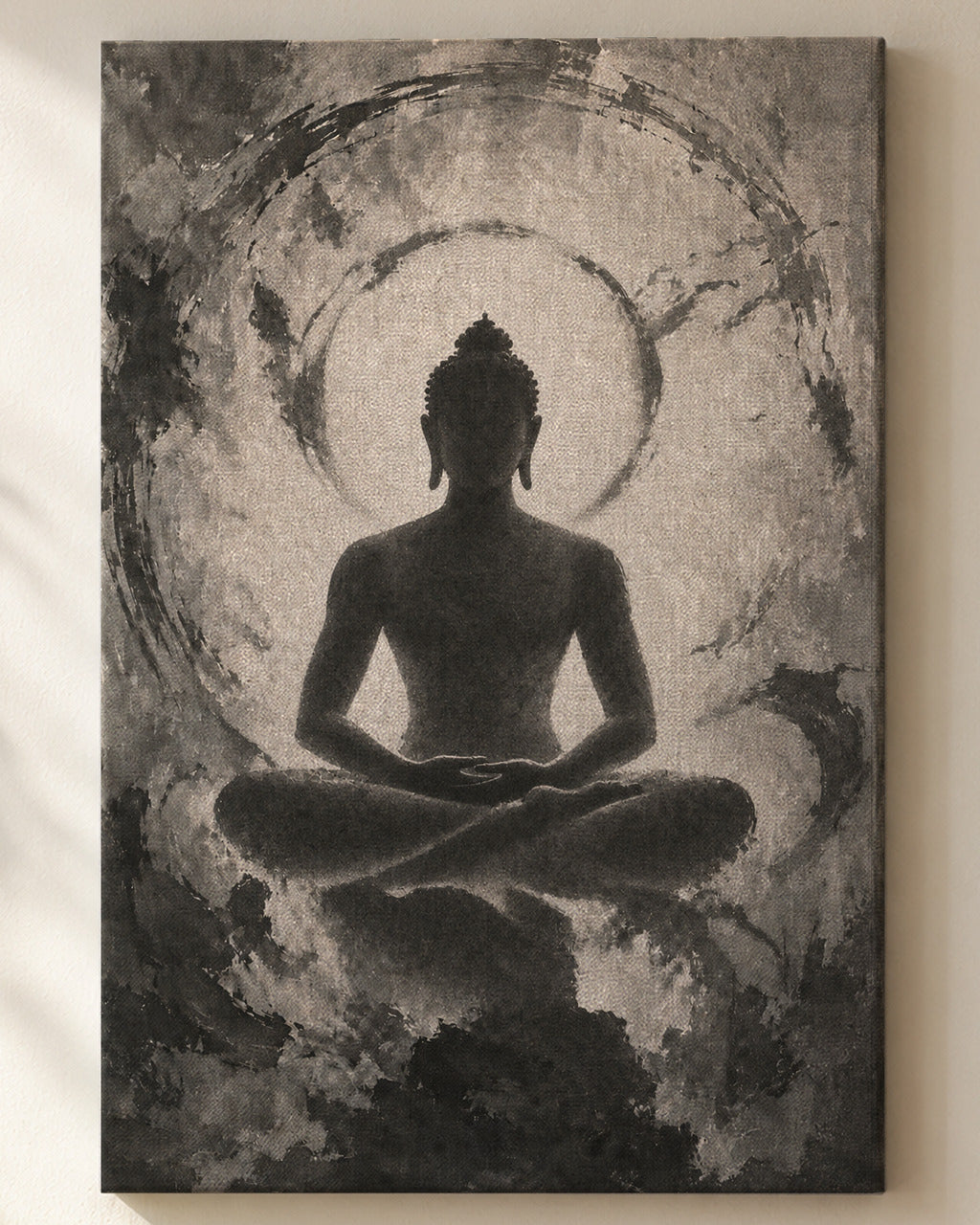 Meditating Mahavira canvas, close view of the ink wash on the canvas weave