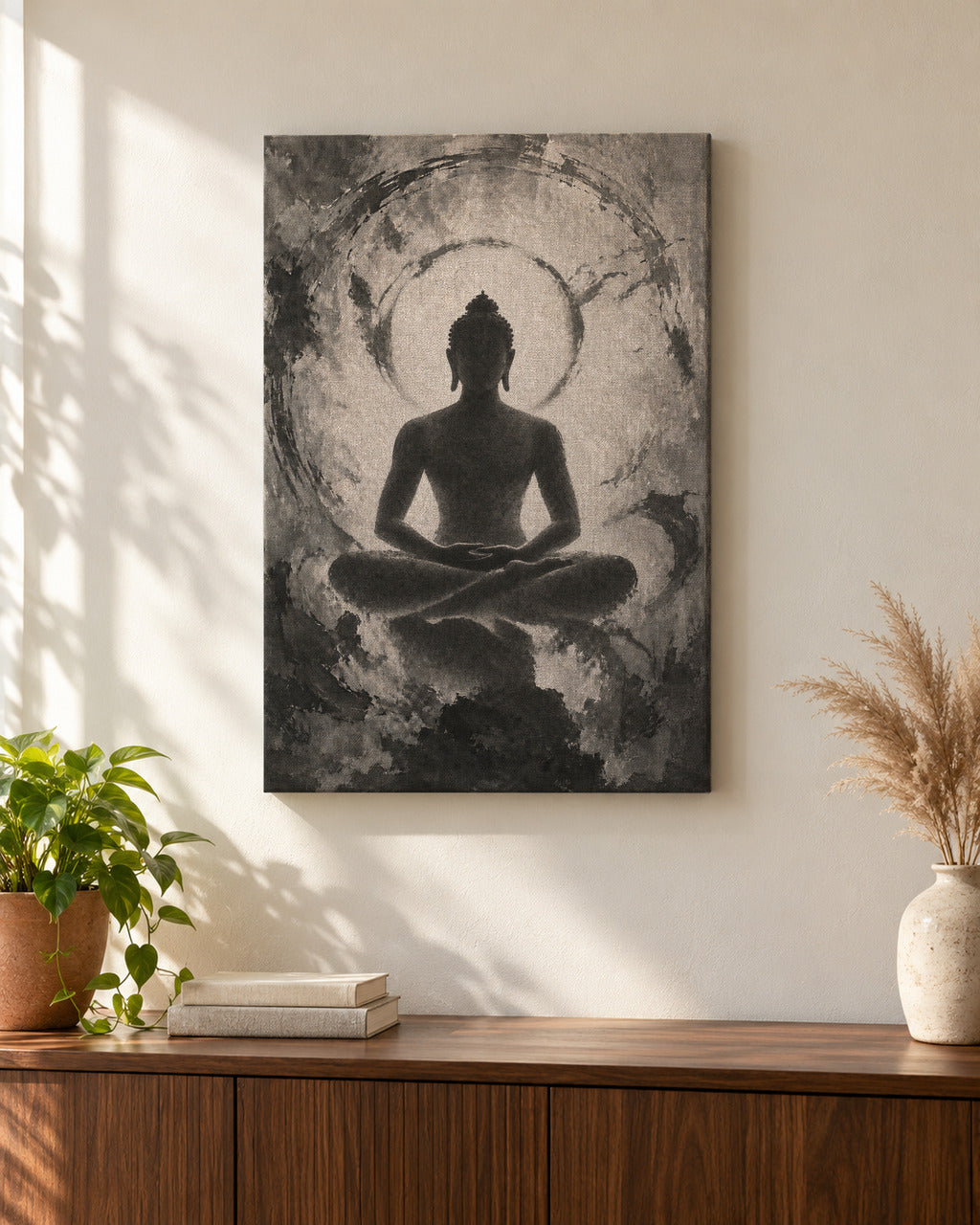 Meditating Mahavira canvas above a walnut console in a sunlit living room