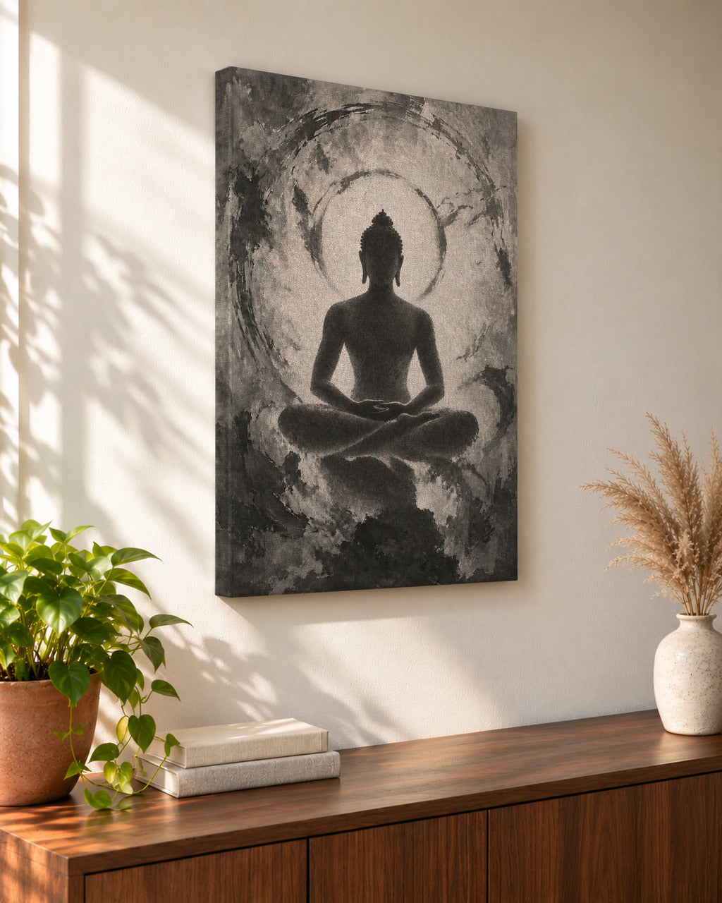 Meditating Mahavira canvas seen from the side, showing the gallery-wrapped edge