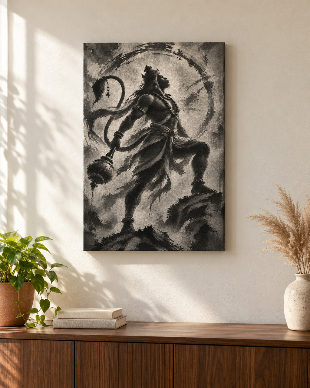 Mighty Hanuman canvas above a walnut console in a sunlit living room