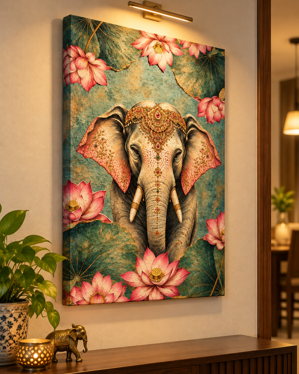 Ornate Lotus Elephant canvas above a wooden console in a warm, lamp-lit hallway
