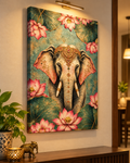 Ornate Lotus Elephant canvas above a wooden console in a warm, lamp-lit hallway
