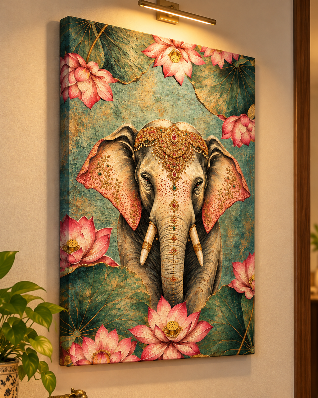 Ornate Lotus Elephant canvas framed closer on a warm wall under a brass picture light