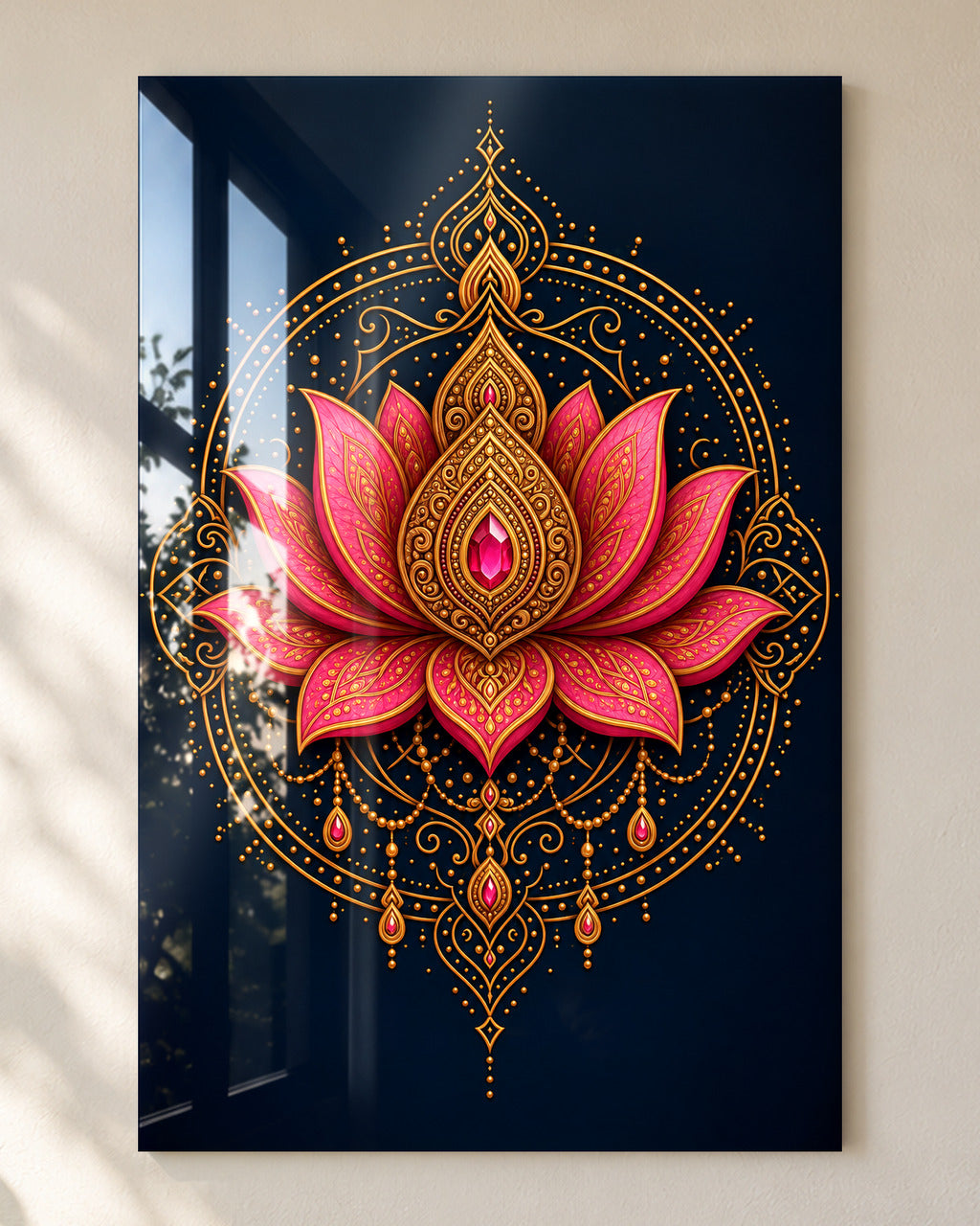 Ornate pink lotus mandala acrylic wall art, close-up