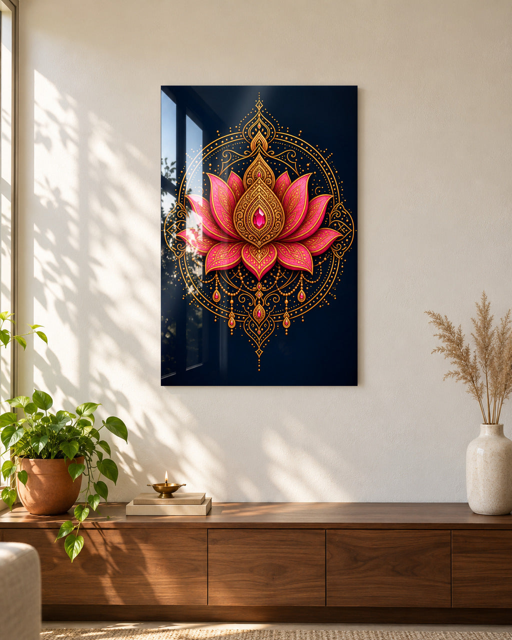 Ornate pink lotus mandala acrylic wall art, on a sunlit living-room wall above a console