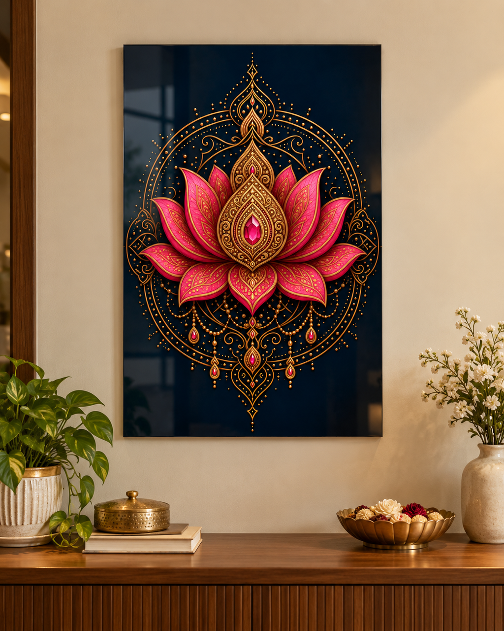 Ornate pink lotus mandala acrylic wall art