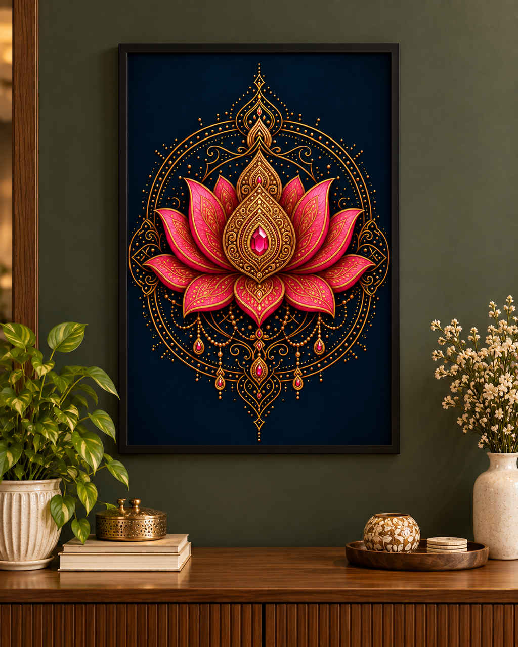 Ornate pink lotus mandala poster in a black frame