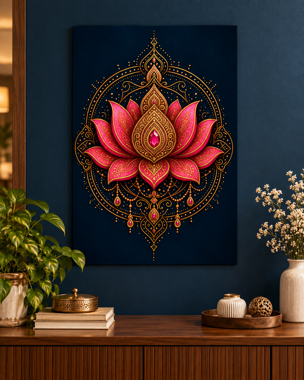 Ornate pink lotus mandala unframed poster on a wall