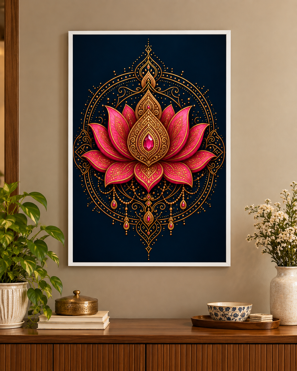 Ornate pink lotus mandala poster in a white frame
