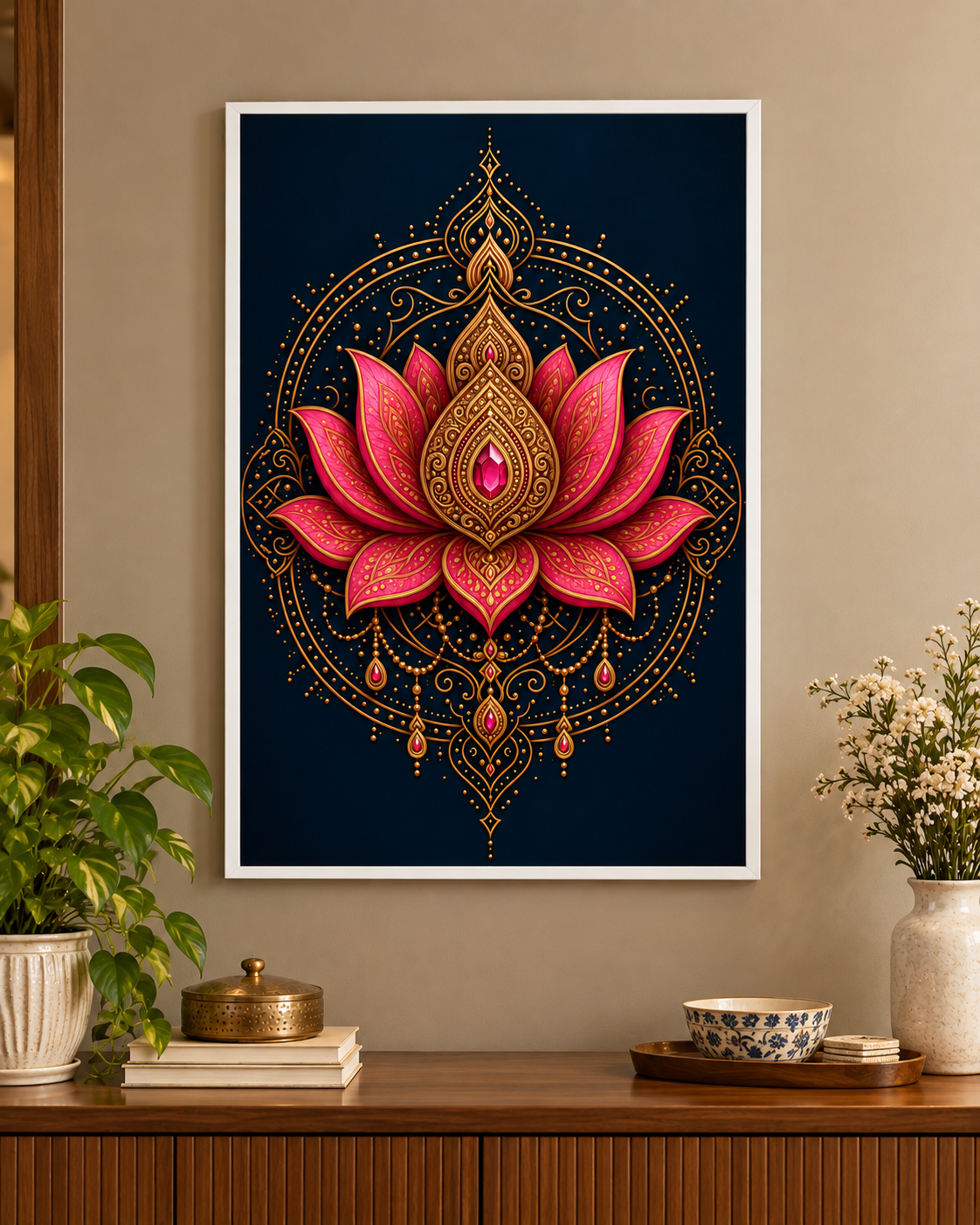 Ornate pink lotus mandala poster in a white frame